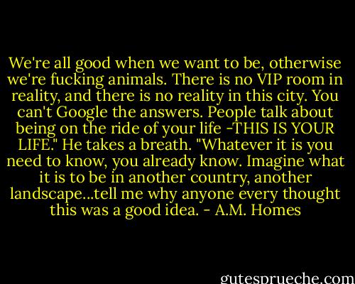 We're all good when we want to be, otherwise we're fucking animals. There is no VIP room in reality, and there is no reality in this city. You can't Google the answers. People talk about being on the ride of your life -THIS IS YOUR LIFE." He takes a breath. "Whatever it is you need to know, you already know. Imagine what it is to be in another country, another landscape...tell me why anyone every thought this was a good idea. - A.M. Homes