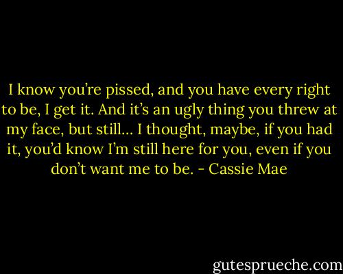 I know you’re pissed, and you have every right to be, I get it. And it’s an ugly thing you threw at my face, but still… I thought, maybe, if you had it, you’d know I’m still here for you, even if you don’t want me to be. - Cassie Mae