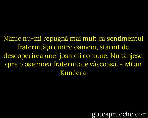 Nimic nu-mi repugnă mai mult ca sentimentul fraternităţii dintre oameni, stârnit de descoperirea unei josnicii comune. Nu tânjesc spre o asemnea fraternitate vâscoasă. - Milan Kundera