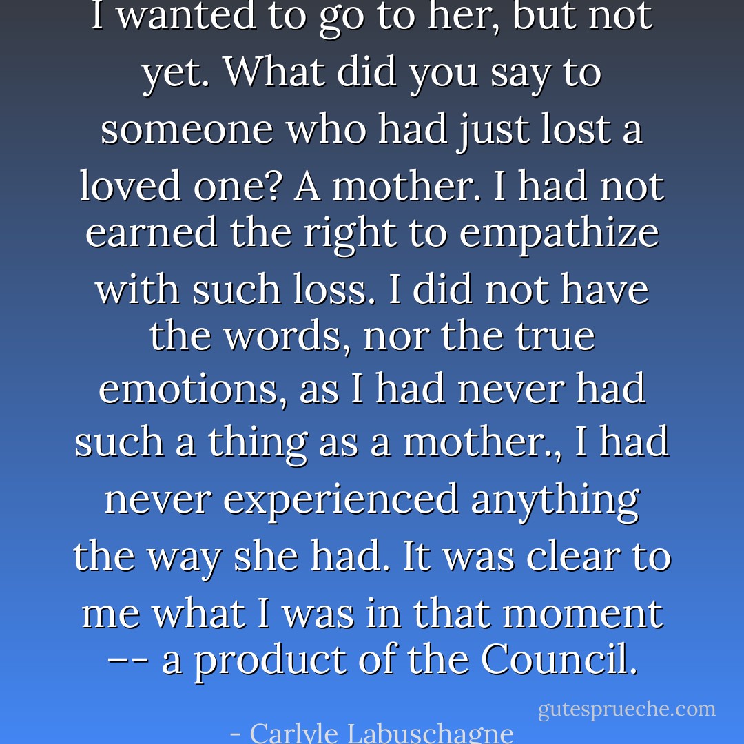 I wanted to go to her, but not yet. What did you say to someone who had just lost a loved one? A mother. I had not earned the right to empathize with such loss. I did not have the words, nor the true emotions, as I had never had such a thing as a mother., I had never experienced anything the way she had. It was clear to me what I was in that moment –- a product of the Council. - Carlyle Labuschagne