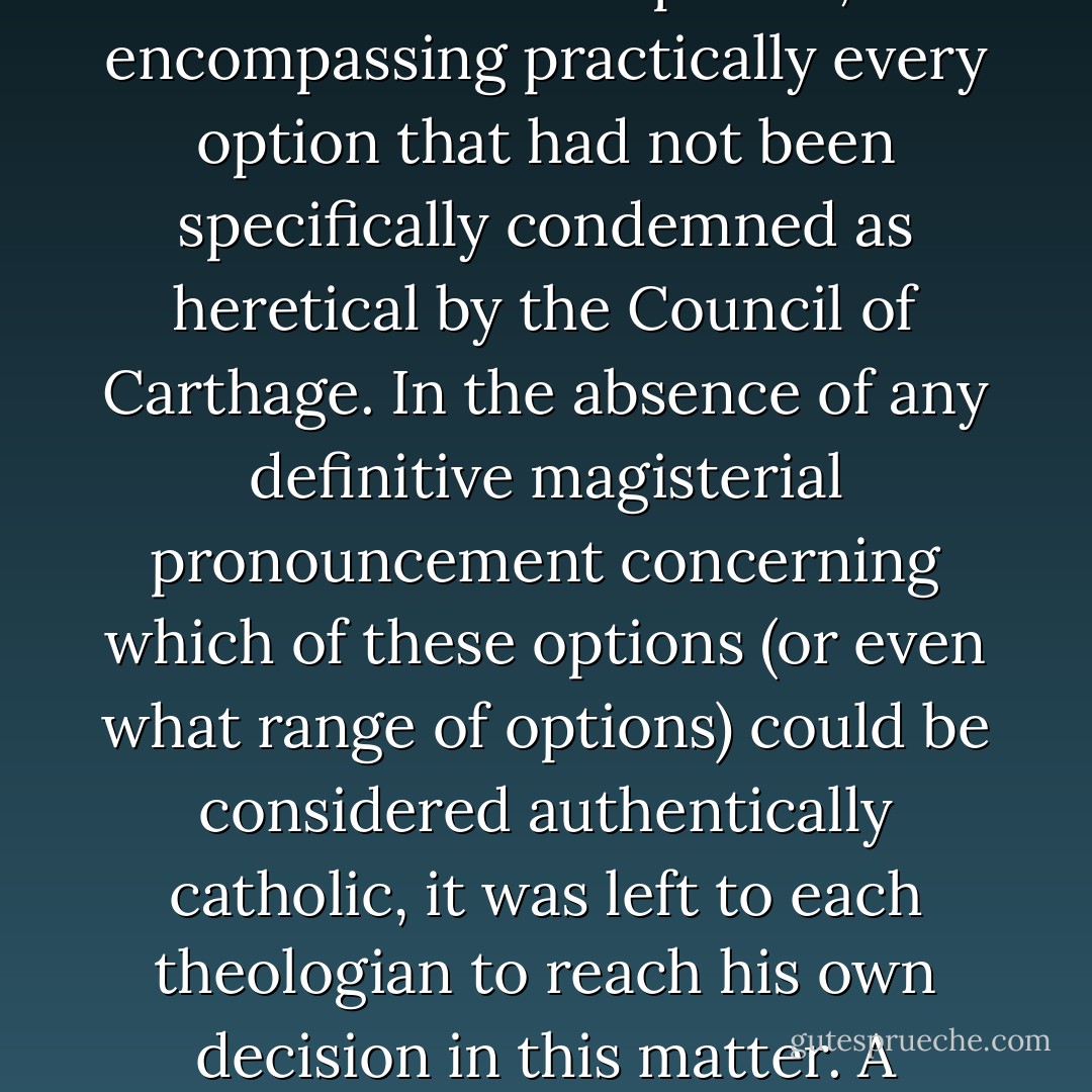 In short, an astonishingly broad spectrum of theologies of justification existed in the later medieval period, encompassing practically every option that had not been specifically condemned as heretical by the Council of Carthage. In the absence of any definitive magisterial pronouncement concerning which of these options (or even what range of options) could be considered authentically catholic, it was left to each theologian to reach his own decision in this matter. A self-perpetuating doctrinal pluralism was thus an inevitability. - 