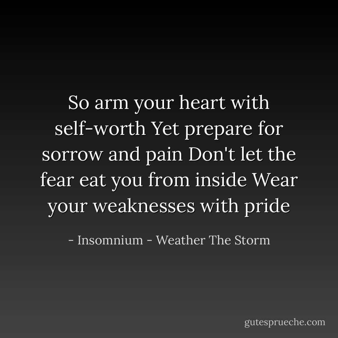 So arm your heart with self-worth<br />Yet prepare for sorrow and pain<br />Don't let the fear eat you from inside<br />Wear your weaknesses with pride - Insomnium - Weather The Storm