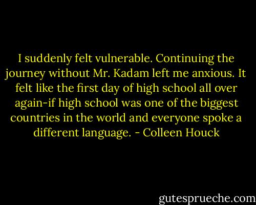 I suddenly felt vulnerable. Continuing the journey without Mr. Kadam left me anxious. It felt like the first day of high school all over again-if high school was one of the biggest countries in the world and everyone spoke a different language. - Colleen Houck