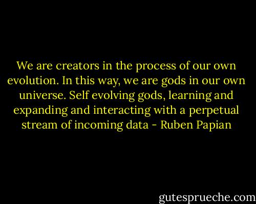 We are creators in the process of our own evolution. In this way, we are gods in our own universe. Self evolving gods, learning and expanding and interacting with a perpetual stream of incoming data - Ruben Papian