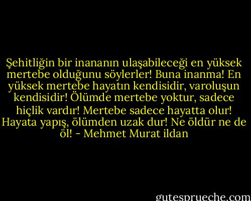 Şehitliğin bir inananın ulaşabileceği en yüksek mertebe olduğunu söylerler! Buna inanma! En yüksek mertebe hayatın kendisidir, varoluşun kendisidir! Ölümde mertebe yoktur, sadece hiçlik vardır! Mertebe sadece hayatta olur! Hayata yapış, ölümden uzak dur! Ne öldür ne de öl! - Mehmet Murat ildan