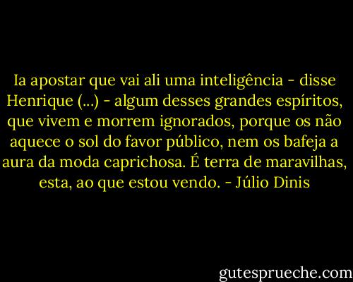 Ia apostar que vai ali uma inteligência - disse Henrique (...) - algum desses grandes espíritos, que vivem e morrem ignorados, porque os não aquece o sol do favor público, nem os bafeja a aura da moda caprichosa. É terra de maravilhas, esta, ao que estou vendo. - Júlio Dinis