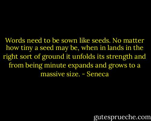 Words need to be sown like seeds. No matter how tiny a seed may be, when in lands in the right sort of ground it unfolds its strength and from being minute expands and grows to a massive size. - Seneca