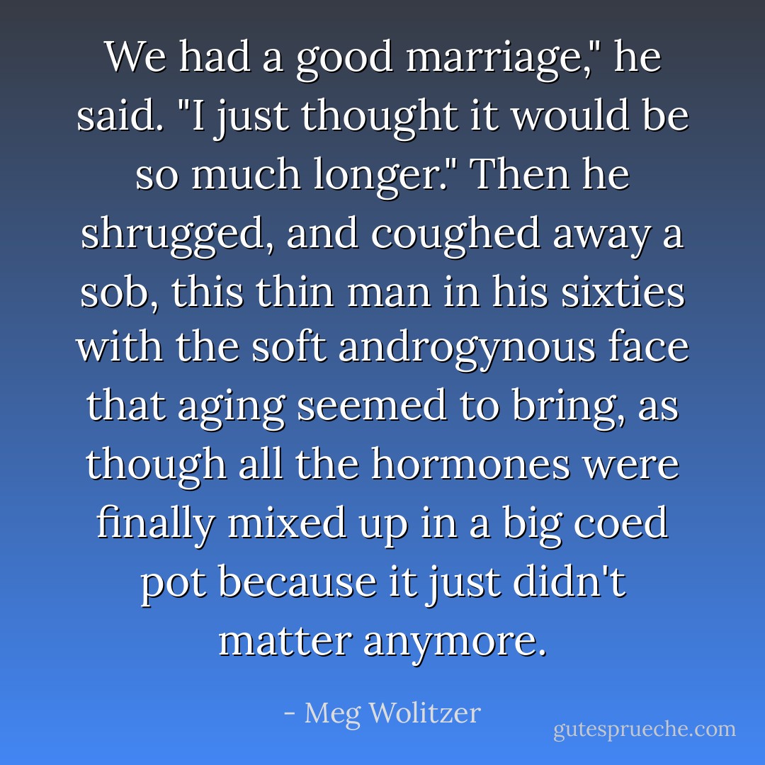 We had a good marriage," he said. "I just thought it would be so much longer." Then he shrugged, and coughed away a sob, this thin man in his sixties with the soft androgynous face that aging seemed to bring, as though all the hormones were finally mixed up in a big coed pot because it just didn't matter anymore. - Meg Wolitzer