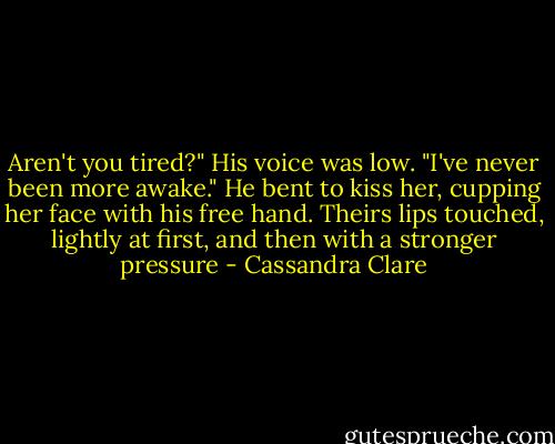 Aren't you tired?"<br />His voice was low. "I've never been more awake."<br />He bent to kiss her, cupping her face with his free hand. Theirs lips touched, lightly at first, and then with a stronger pressure - Cassandra Clare