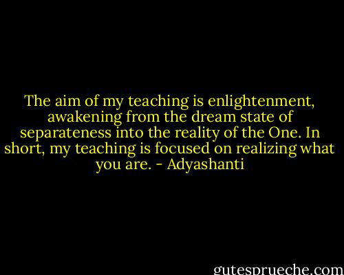 The aim of my teaching is enlightenment, awakening from the dream state of separateness into the reality of the One. In short, my teaching is focused on realizing what you are. - Adyashanti