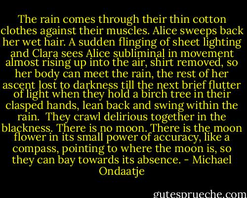 The rain comes through their thin cotton clothes against their muscles. Alice sweeps back her wet hair. A sudden flinging of sheet lighting and Clara sees Alice subliminal in movement almost rising up into the air, shirt removed, so her body can meet the rain, the rest of her ascent lost to darkness till the next brief flutter of light when they hold a birch tree in their clasped hands, lean back and swing within the rain. <br />They crawl delirious together in the blackness. There is no moon. There is the moon flower in its small power of accuracy, like a compass, pointing to where the moon is, so they can bay towards its absence. - Michael Ondaatje