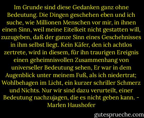 Im Grunde sind diese Gedanken ganz ohne Bedeutung. Die Dingen geschehen eben und ich suche, wie Millionen Menschen vor mir, in ihnen einen Sinn, weil meine Eitelkeit nicht gestatten will, zuzugeben, daß der ganze Sinn eines Geschehnisses in ihm selbst liegt. Kein Käfer, den ich achtlos zertrete, wird in diesem, für ihn traurigen Ereignis einen geheimnisvollen Zusammenhang von universeller Bedeutung sehen, Er war in dem Augenblick unter meinem Fuß, als ich niedertrat; Wohlbehagen im Licht, ein kurzer schriller Schmerz und Nichts. Nur wir sind dazu verurteilt, einer Bedeutung nachzujagen, die es nicht geben kann. - Marlen Haushofer