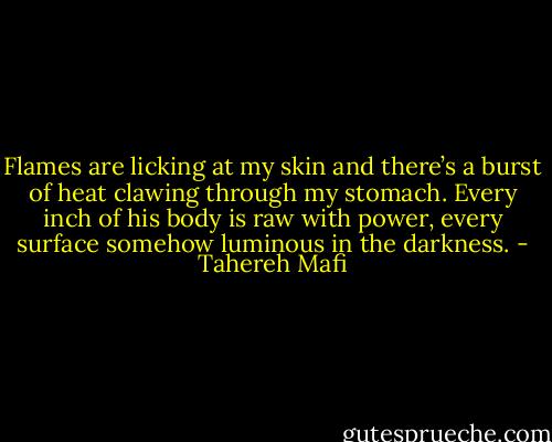 Flames are licking at my skin and there’s a burst of heat clawing through my stomach. Every inch of his body is raw with power, every surface somehow luminous in the darkness. - Tahereh Mafi