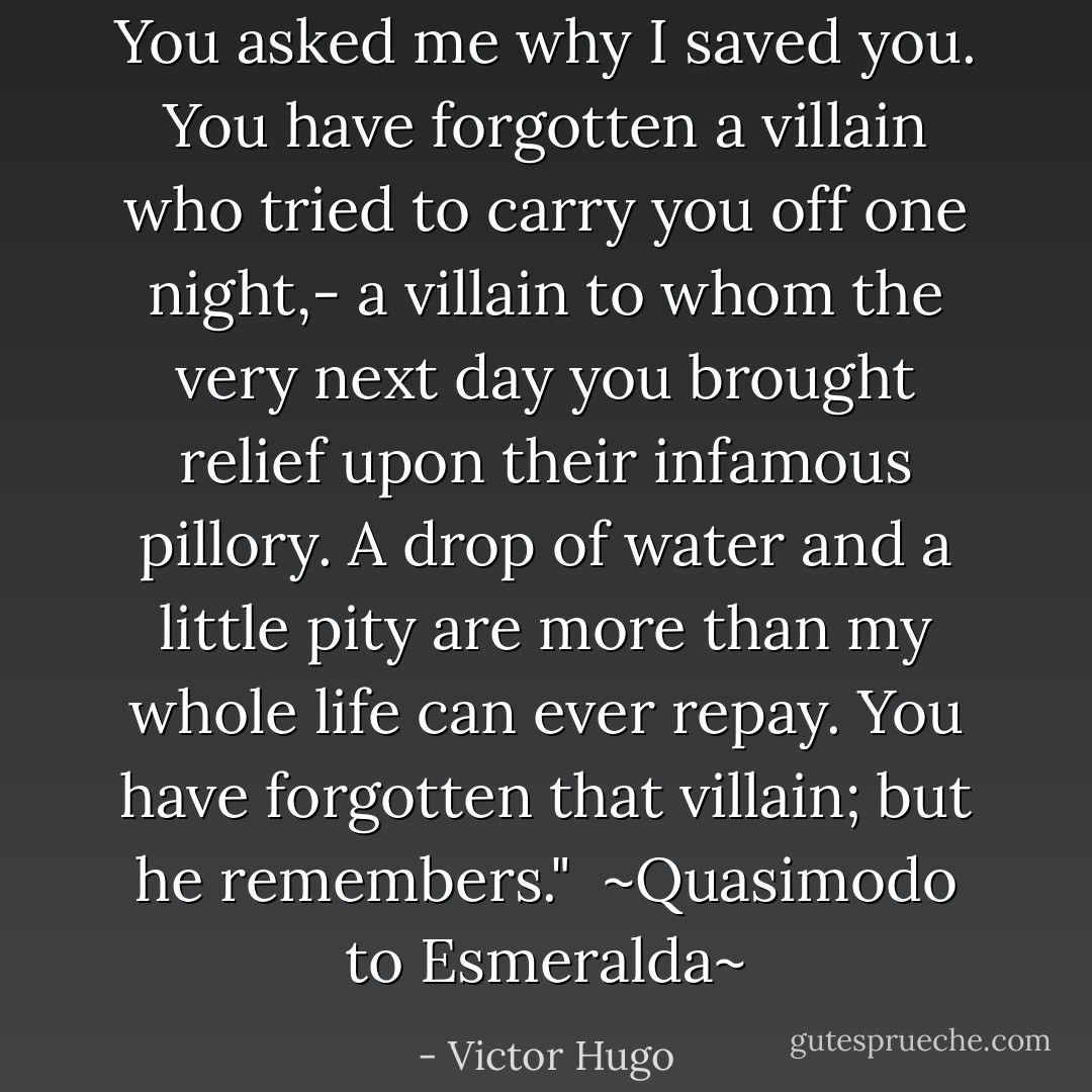 You asked me why I saved you. You have forgotten a villain who tried to carry you off one night,- a villain to whom the very next day you brought relief upon their infamous pillory. A drop of water and a little pity are more than my whole life can ever repay. You have forgotten that villain; but he remembers."<br /><br />~Quasimodo to Esmeralda~ - Victor Hugo