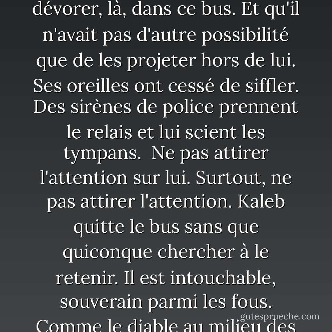 « Il comprend aussi que la peur et la colère auraient pu le dévorer, là, dans ce bus. Et qu'il n'avait pas d'autre possibilité que de les projeter hors de lui.<br />Ses oreilles ont cessé de siffler. Des sirènes de police prennent le relais et lui scient les tympans. <br />Ne pas attirer l'attention sur lui. Surtout, ne pas attirer l'attention.<br />Kaleb quitte le bus sans que quiconque chercher à le retenir. Il est intouchable, souverain parmi les fous.<br />Comme le diable au milieu des enfers. » - Myra Eljundir