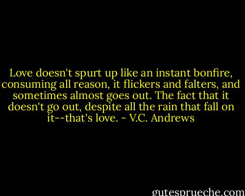 Love doesn't spurt up like an instant bonfire, consuming all reason, it flickers and falters, and sometimes almost goes out. The fact that it doesn't go out, despite all the rain that fall on it--that's love. - V.C. Andrews