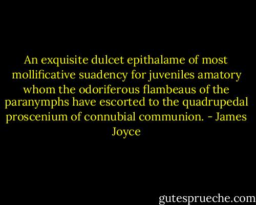 An exquisite dulcet epithalame of most mollificative suadency for juveniles amatory whom the odoriferous flambeaus of the paranymphs have escorted to the quadrupedal proscenium of connubial communion. - James Joyce