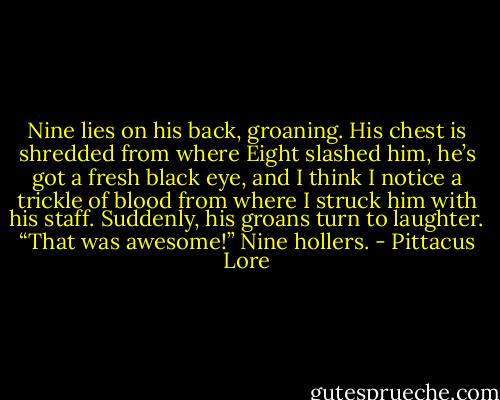 Nine lies on his back, groaning. His chest is shredded from where Eight slashed him, he’s got a fresh black eye, and I think I notice a trickle of blood from where I struck him with his staff. Suddenly, his groans turn to laughter.<br />“That was awesome!” Nine hollers. - Pittacus Lore