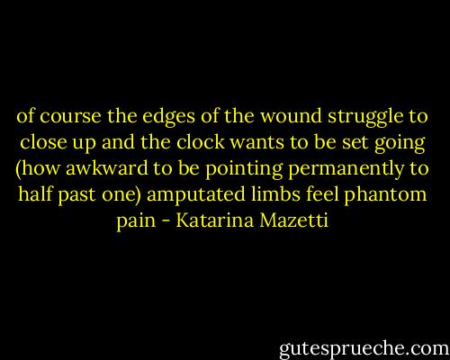 of course the edges of the wound struggle to close up<br />and the clock wants to be set going<br />(how awkward to be pointing permanently to half past one)<br />amputated limbs feel phantom pain - Katarina Mazetti