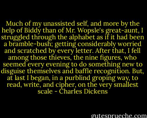 Much of my unassisted self, and more by the help of Biddy than of Mr. Wopsle's great-aunt, I struggled through the alphabet as if it had been a bramble-bush; getting considerably worried and scratched by every letter. After that, I fell among those thieves, the nine figures, who seemed every evening to do something new to disguise themselves and baffle recognition. But, at last I began, in a purblind groping way, to read, write, and cipher, on the very smallest scale - Charles Dickens