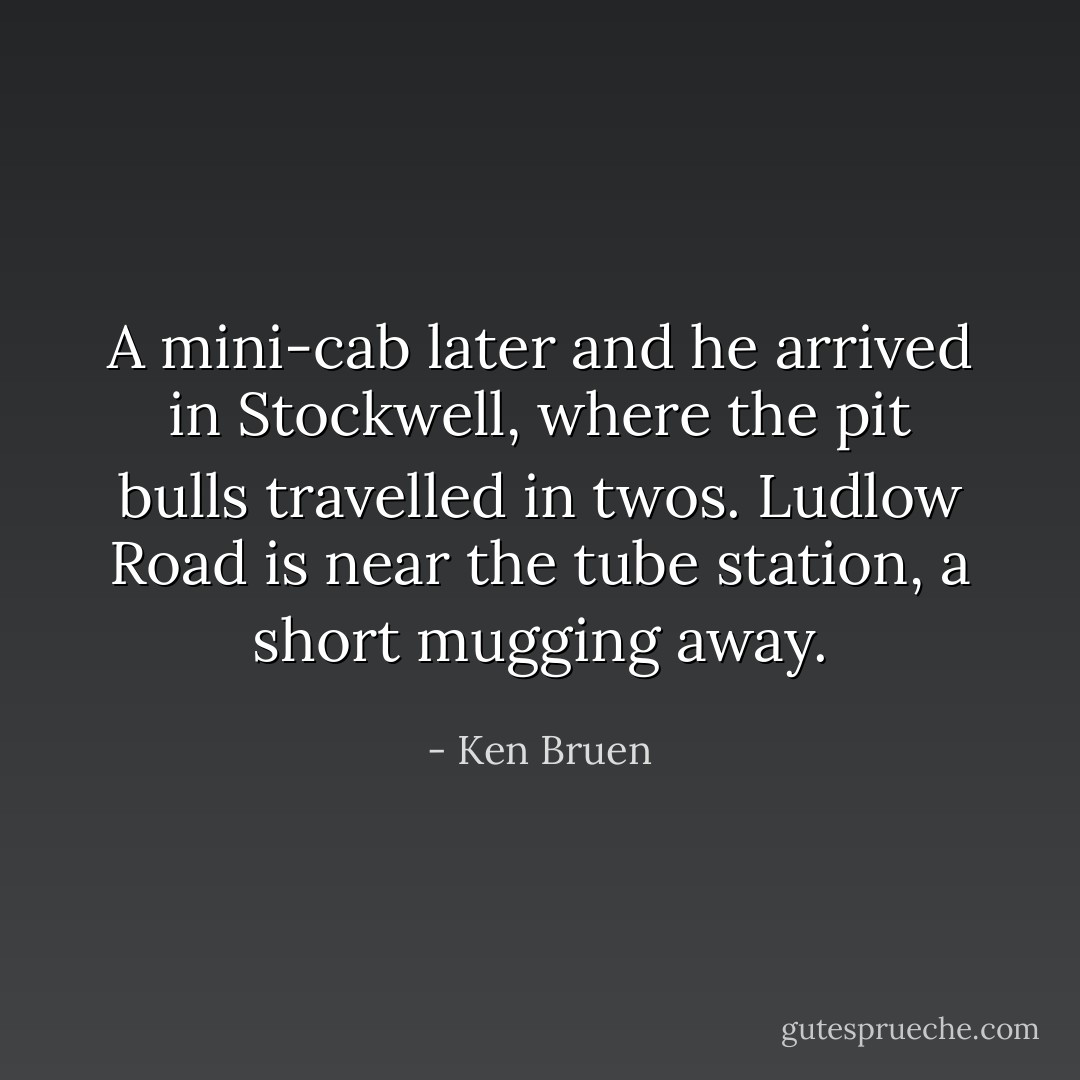 A mini-cab later and he arrived in Stockwell, where the pit bulls travelled in twos. Ludlow Road is near the tube station, a short mugging away. - Ken Bruen