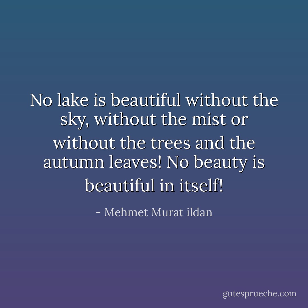 No lake is beautiful without the sky, without the mist or without the trees and the autumn leaves! No beauty is beautiful in itself! - Mehmet Murat ildan