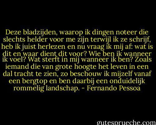 Deze bladzijden, waarop ik dingen noteer die slechts helder voor me zijn terwijl ik ze schrijf, heb ik juist herlezen en nu vraag ik mij af: wat is dit en waar dient dit voor? Wie ben ik wanneer ik voel? Wat sterft in mij wanneer ik ben? Zoals iemand die van grote hoogte het leven in een dal tracht te zien, zo beschouw ik mijzelf vanaf een bergtop en ben daarbij een onduidelijk rommelig landschap. - Fernando Pessoa