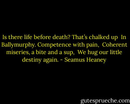 Is there life before death? That’s chalked up<br /><br />In Ballymurphy. Competence with pain,<br /><br />Coherent miseries, a bite and a sup,<br /><br />We hug our little destiny again. - Seamus Heaney