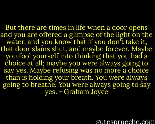 But there are times in life when a door opens and you are offered a glimpse of the light on the water, and you know that if you don't take it, that door slams shut, and maybe forever. Maybe you fool yourself into thinking that you had a choice at all; maybe you were always going to say yes. Maybe refusing was no more a choice than is holding your breath. You were always going to breathe. You were always going to say yes. - Graham Joyce