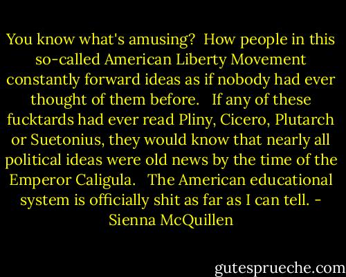 You know what's amusing?<br /> How people in this so-called American Liberty Movement constantly forward ideas as if nobody had ever thought of them before. <br /> If any of these fucktards had ever read Pliny, Cicero, Plutarch or Suetonius, they would know that nearly all political ideas were old news by the time of the Emperor Caligula. <br /> The American educational system is officially shit as far as I can tell. - Sienna McQuillen