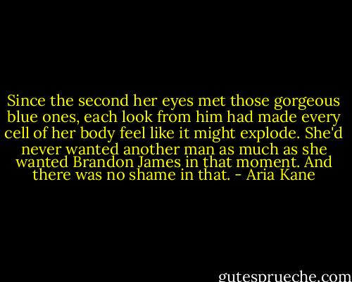 Since the second her eyes met those gorgeous blue ones, each look from him had made every cell of her body feel like it might explode. She'd never wanted another man as much as she wanted Brandon James in that moment. And there was no shame in that. - Aria Kane