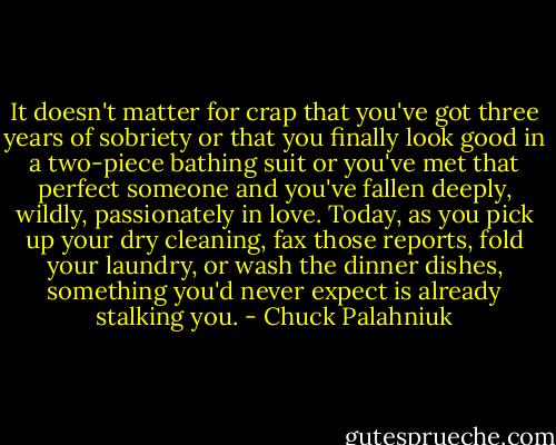 It doesn't matter for crap that you've got three years of sobriety or that you finally look good in a two-piece bathing suit or you've met that perfect someone and you've fallen deeply, wildly, passionately in love. Today, as you pick up your dry cleaning, fax those reports, fold your laundry, or wash the dinner dishes, something you'd never expect is already stalking you. - Chuck Palahniuk