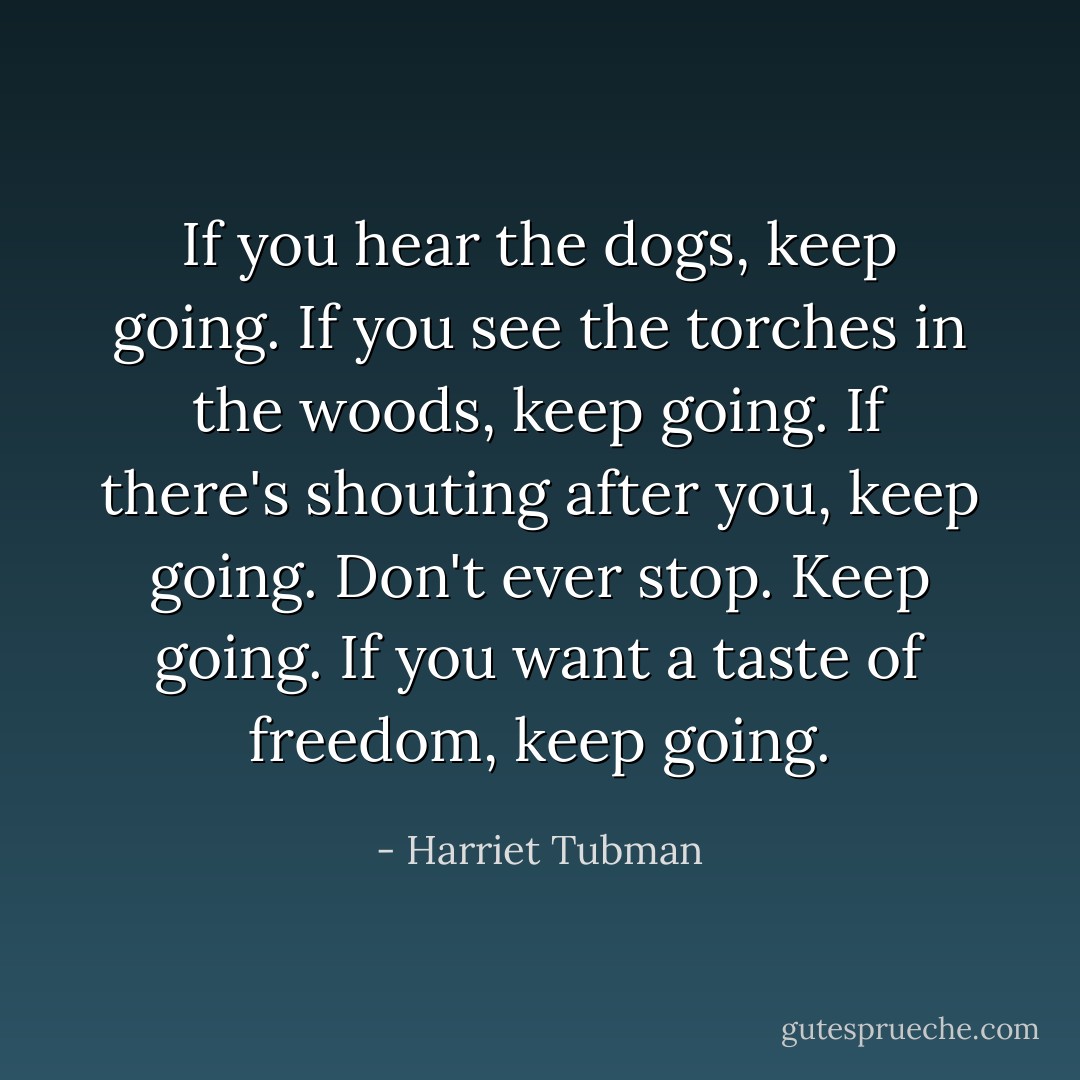 If you hear the dogs, keep going. If you see the torches in the woods, keep going. If there's shouting after you, keep going. Don't ever stop. Keep going. If you want a taste of freedom, keep going. - Harriet Tubman