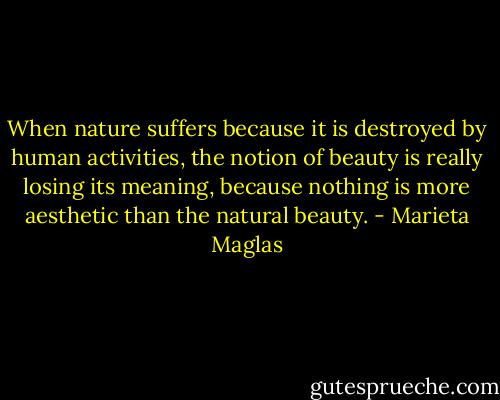 When nature suffers because it is destroyed by human activities, the notion of beauty is really losing its meaning, because nothing is more aesthetic than the natural beauty. - Marieta Maglas