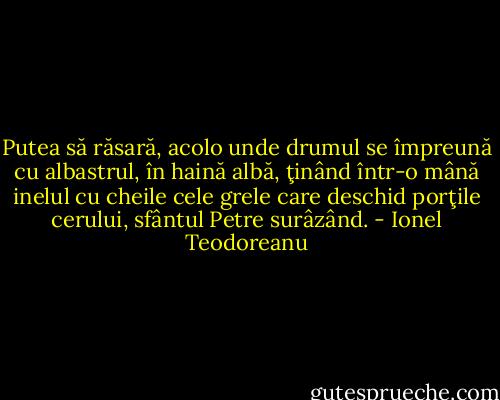 Putea să răsară, acolo unde drumul se împreună cu albastrul, în haină albă, ţinând într-o mână inelul cu cheile cele grele care deschid porţile cerului, sfântul Petre surâzând. - Ionel Teodoreanu