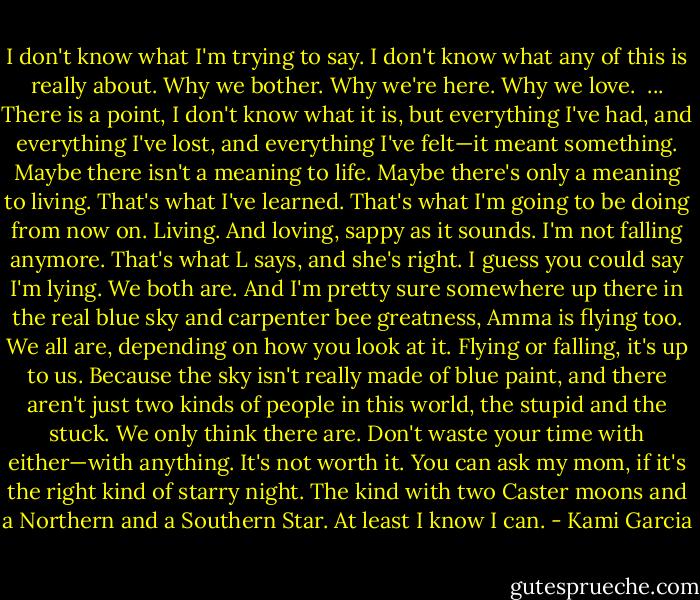 I don't know what I'm trying to say. I don't know what any of this is really about.<br />Why we bother.<br />Why we're here.<br />Why we love. <br />...<br />There is a point, I don't know what it is, but everything I've had, and everything I've lost, and everything I've felt—it meant something.<br />Maybe there isn't a meaning to life. Maybe there's only a meaning to living.<br />That's what I've learned. That's what I'm going to be doing from now on.<br />Living.<br />And loving, sappy as it sounds.<br />I'm not falling anymore. That's what L says, and she's right.<br />I guess you could say I'm lying.<br />We both are.<br />And I'm pretty sure somewhere up there in the real blue sky and carpenter bee greatness, Amma is flying too.<br />We all are, depending on how you look at it. Flying or falling, it's up to us.<br />Because the sky isn't really made of blue paint, and there aren't just two kinds of people in this world, the stupid and the stuck. We only think there are. Don't waste your time with either—with anything. It's not worth it.<br />You can ask my mom, if it's the right kind of starry night. The kind with two Caster moons and a Northern and a Southern Star.<br />At least I know I can. - Kami Garcia