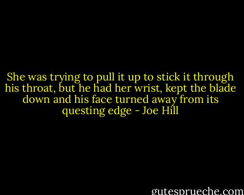 She was trying to pull it up to stick it through his throat, but he had her wrist, kept the blade down and his face turned away from its questing edge - Joe Hill