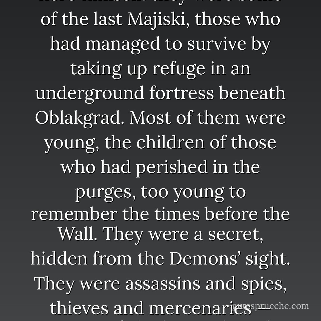 Of course, the Genshwin are almost as enigmatic as our hero himself: they were some of the last Majiski, those who had managed to survive by taking up refuge in an underground fortress beneath Oblakgrad. Most of them were young, the children of those who had perished in the purges, too young to remember the times before the Wall. They were a secret, hidden from the Demons’ sight. They were assassins and spies, thieves and mercenaries — masters of shadow and steel. <br /><br />-The Penitent God - S.G. Night