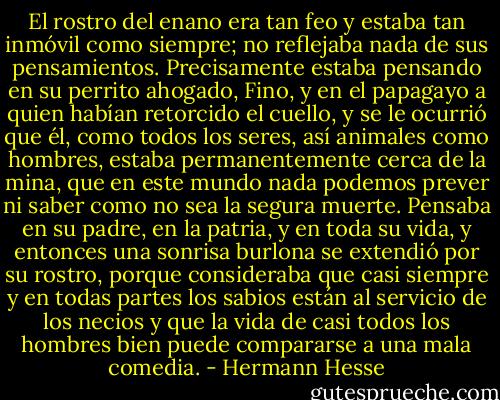 El rostro del enano era tan feo y estaba tan inmóvil como siempre; no reflejaba nada de sus pensamientos. Precisamente estaba pensando en su perrito ahogado, Fino, y en el papagayo a quien habían retorcido el cuello, y se le ocurrió que él, como todos los seres, así animales como hombres, estaba permanentemente cerca de la mina, que en este mundo nada podemos prever ni saber como no sea la segura muerte. Pensaba en su padre, en la patria, y en toda su vida, y entonces una sonrisa burlona se extendió por su rostro, porque consideraba que casi siempre y en todas partes los sabios están al servicio de los necios y que la vida de casi todos los hombres bien puede compararse a una mala comedia. - Hermann Hesse