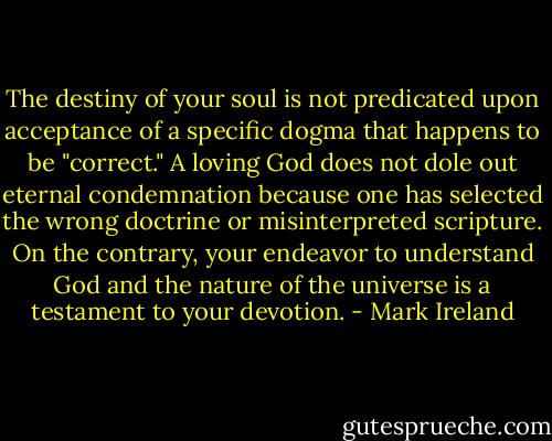 The destiny of your soul is not predicated upon acceptance of a specific dogma that happens to be "correct." A loving God does not dole out eternal condemnation because one has selected the wrong doctrine or misinterpreted scripture. On the contrary, your endeavor to understand God and the nature of the universe is a testament to your devotion. - Mark Ireland