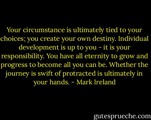 Your circumstance is ultimately tied to your choices; you create your own destiny. Individual development is up to you - it is your responsibility. You have all eternity to grow and progress to become all you can be. Whether the journey is swift of protracted is ultimately in your hands. - Mark Ireland