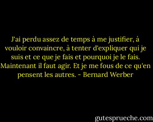 J'ai perdu assez de temps à me justifier, à vouloir convaincre, à tenter d'expliquer qui je suis et ce que je fais et pourquoi je le fais. Maintenant il faut agir. Et je me fous de ce qu'en pensent les autres. - Bernard Werber