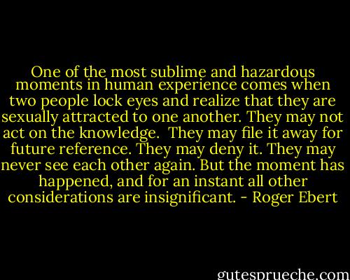 One of the most sublime and hazardous moments in human experience comes when two people lock eyes and realize that they are sexually attracted to one another. They may not act on the knowledge.<br /><br />They may file it away for future reference. They may deny it. They may never see each other again. But the moment has happened, and for an instant all other considerations are insignificant. - Roger Ebert