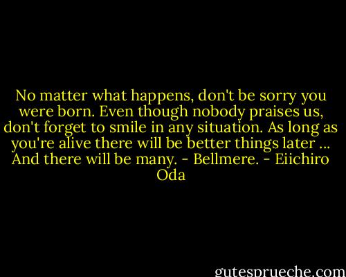 No matter what happens, don't be sorry you were born. Even though nobody praises us, don't forget to smile in any situation. As long as you're alive there will be better things later ... And there will be many.<br />- Bellmere. - Eiichiro Oda
