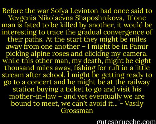 Before the war Sofya Levinton had once said to Yevgenia Nikolaevna Shaposhnikova, 'If one man is fated to be killed by another, it would be interesting to trace the gradual convergence of their paths. At the start they might be miles away from one another – I might be in Pamir picking alpine roses and clicking my camera, while this other man, my death, might be eight thousand miles away, fishing for ruff in a little stream after school. I might be getting ready to go to a concert and he might be at the railway station buying a ticket to go and visit his mother-in-law – and yet eventually we are bound to meet, we can't avoid it... - Vasily Grossman