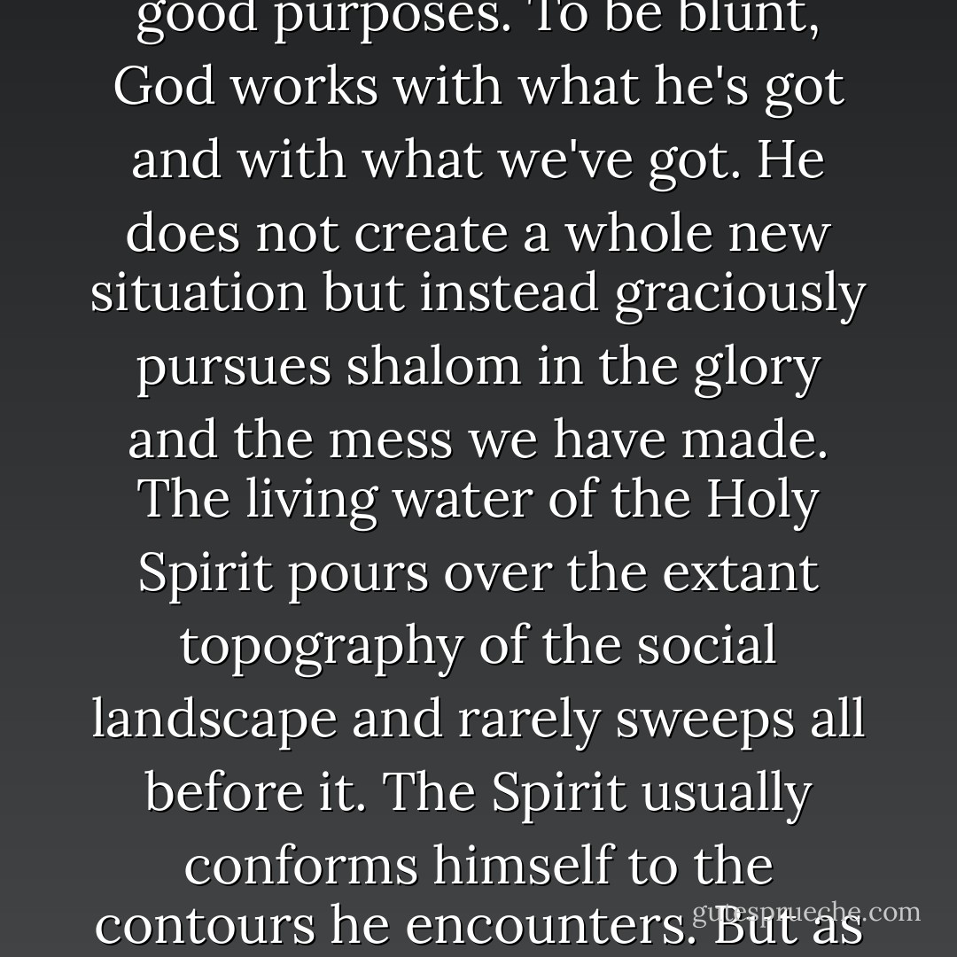 Among those ways and thoughts of God, then, is the principle of accommodation. God works within human limitations - both individual and corporate - to transform the world according to his good purposes. To be blunt, God works with what he's got and with what we've got. He does not create a whole new situation but instead graciously pursues shalom in the glory and the mess we have made. The living water of the Holy Spirit pours over the extant topography of the social landscape and rarely sweeps all before it. The Spirit usually conforms himself to the contours he encounters. But as he does so, like an irresistible flow of water, he shapes them by and by, eventually making the crooked ways straight and the rough places a plain (Isa. 40:3-4). - John G. Stackhouse Jr.