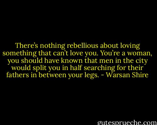 There’s nothing rebellious about loving something that can’t love you. You’re a woman, you should have known that men in the city would split you in half searching for their fathers in between your legs. - Warsan Shire