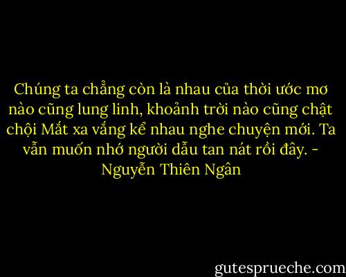 Chúng ta chẳng còn là nhau<br />của thời ước mơ nào cũng lung linh, khoảnh trời nào cũng chật chội<br />Mắt xa vắng kể nhau nghe chuyện mới.<br />Ta vẫn muốn nhớ người dẫu tan nát rồi đây. - Nguyễn Thiên Ngân