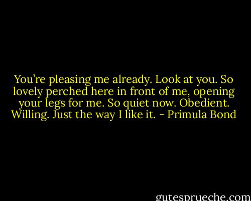 You’re pleasing me already. Look at you. So lovely perched here in front of me, opening your legs for me. So quiet now. Obedient. Willing. Just the way I like it. - Primula Bond