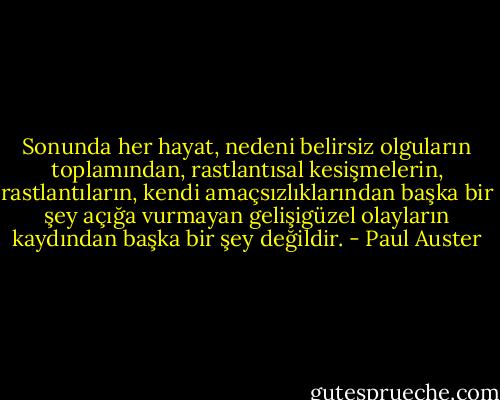 Sonunda her hayat, nedeni belirsiz olguların toplamından, rastlantısal kesişmelerin, rastlantıların, kendi amaçsızlıklarından başka bir şey açığa vurmayan gelişigüzel olayların kaydından başka bir şey değildir. - Paul Auster